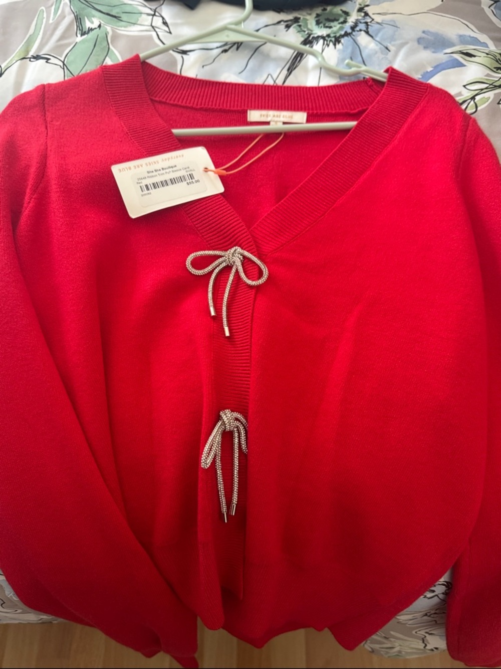 Skies Are Blue Red V-Neck Tie-Front Cardigan